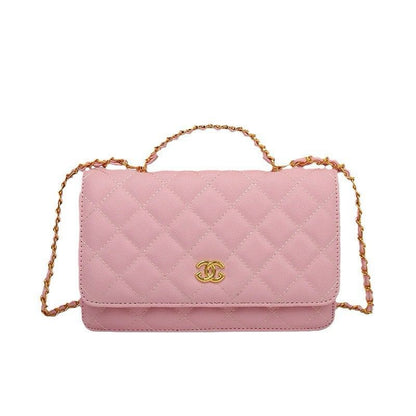 Portefeuille Sur Chaîne en Cuir d'Agneau Brillant avec Perles et Métal Doré